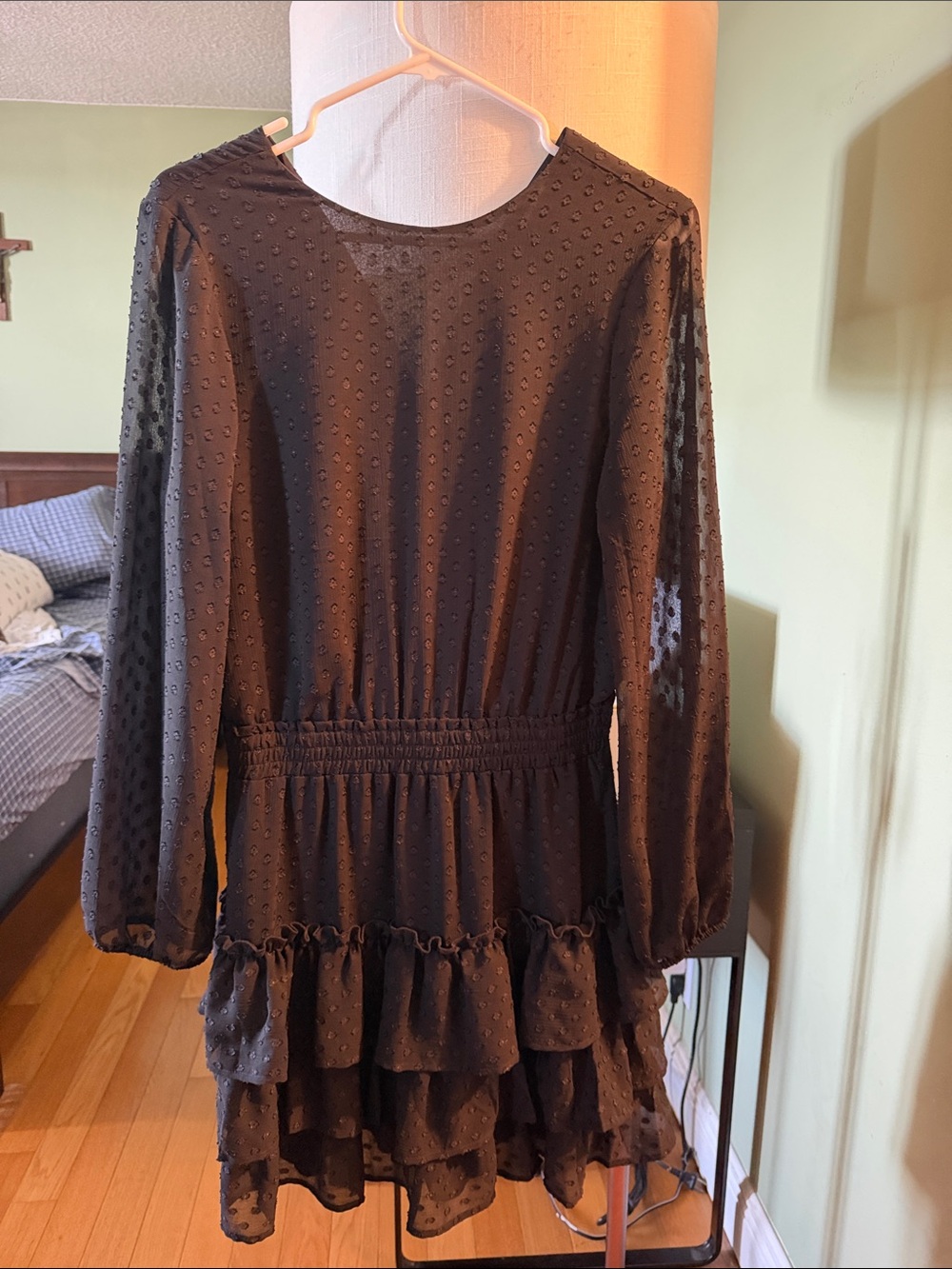 Express Black Long-Sleeve Swiss Dot Ruffle Mini Dress